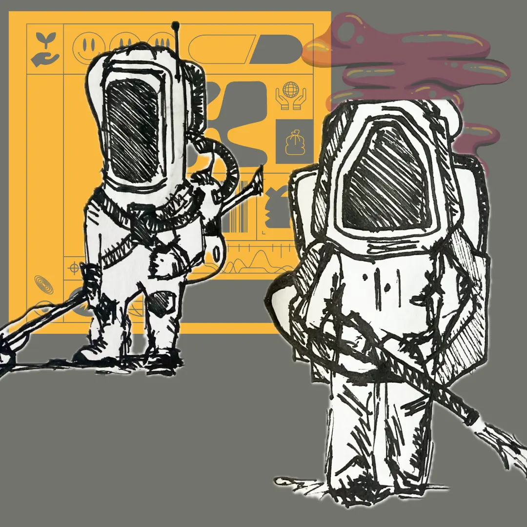 Early concept art of ab astronaut with scientific equipment