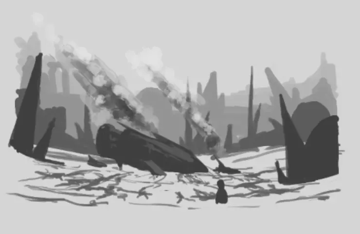 Concept art of a spaceship landed in a rocky desert